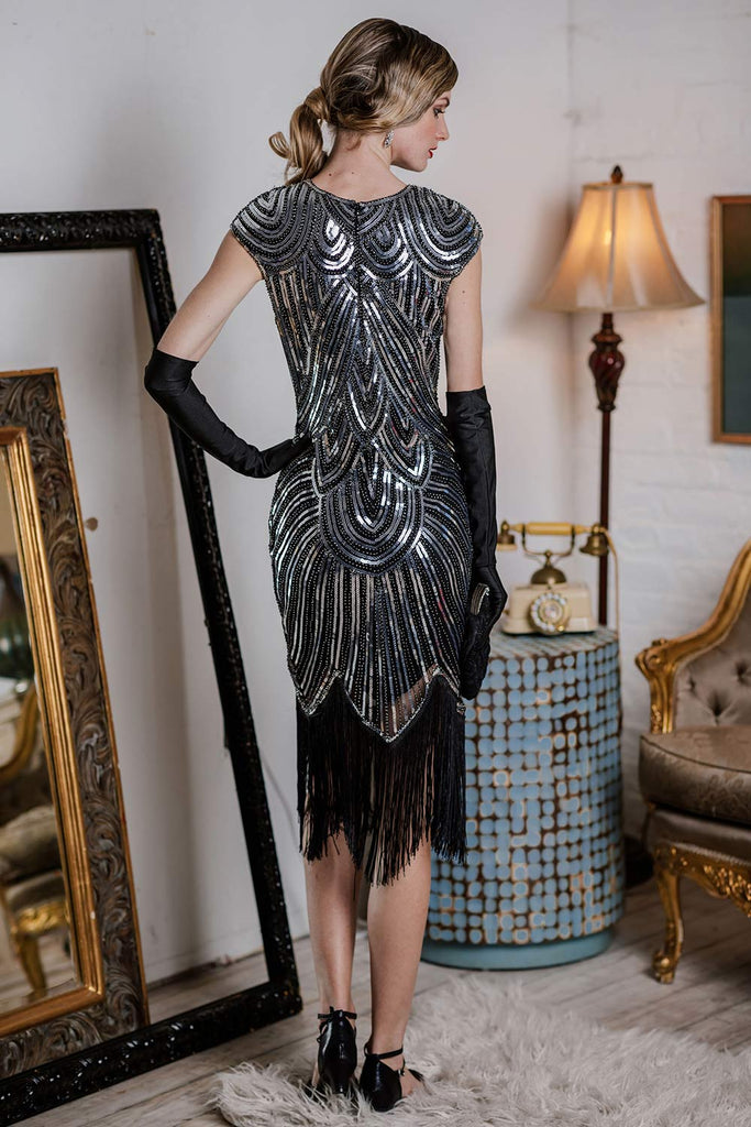 Robe Charleston Vintage Années 20 Gatsby Frangée à Perles et Sequins Argenté