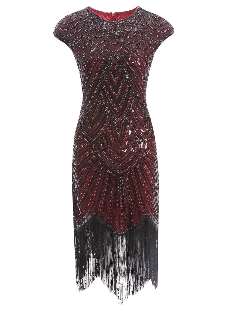 Robe Charleston Vintage Année 20 Gatsby Frangée à Perles et Sequins Bordeaux