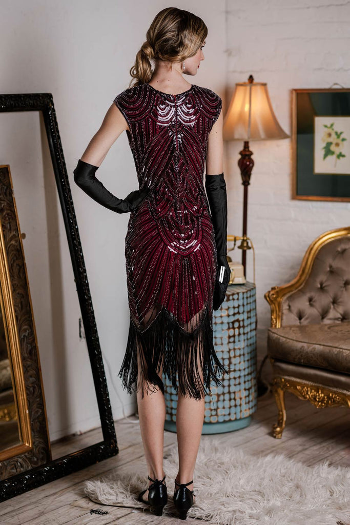 Robe Charleston Vintage Année 20 Gatsby Frangée à Perles et Sequins Bordeaux