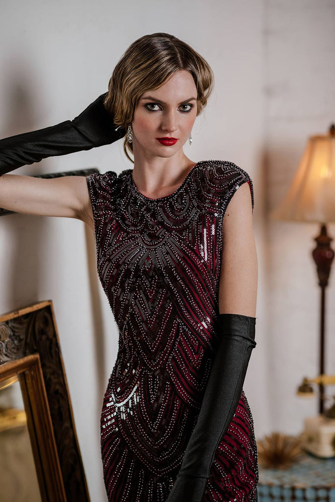 Robe Charleston Vintage Année 20 Gatsby Frangée à Perles et Sequins Bordeaux