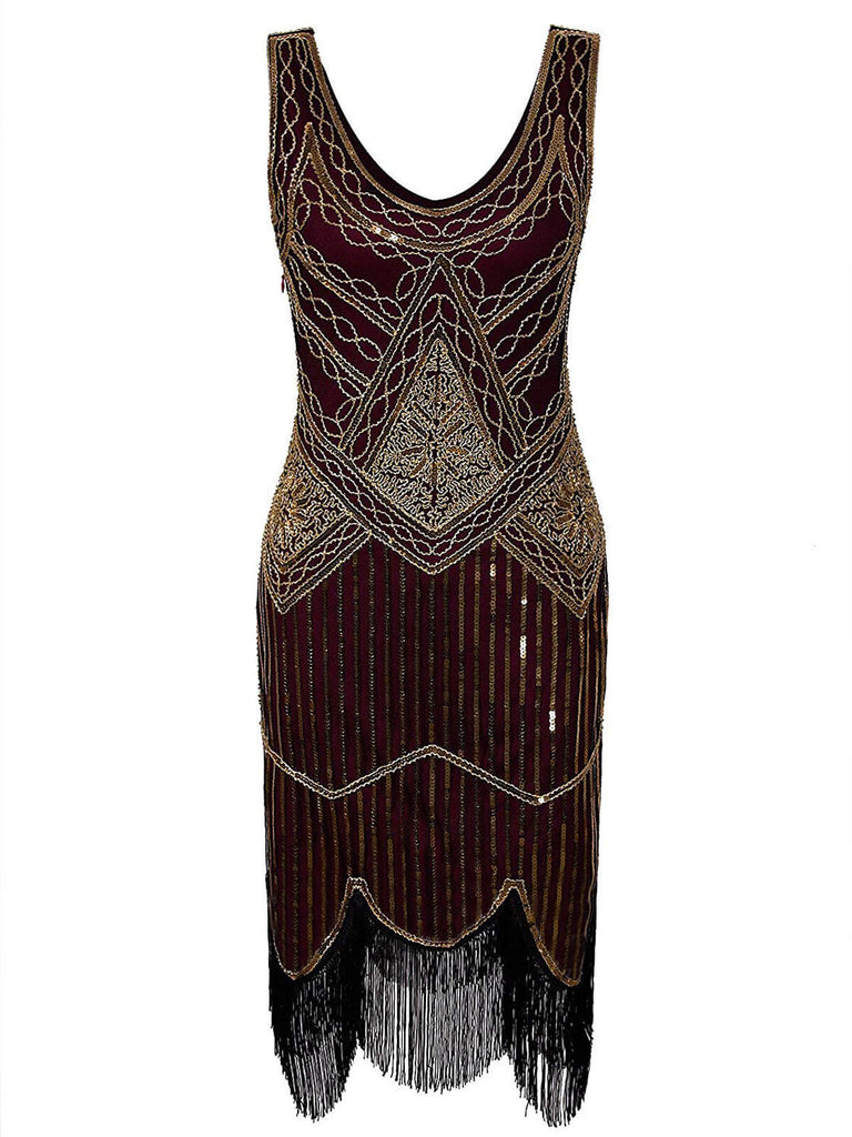 [Produits en Liquidation] Robe Charleston Vintage Année 20 Imprimer Sequin Franges Agrémentées Bordeaux