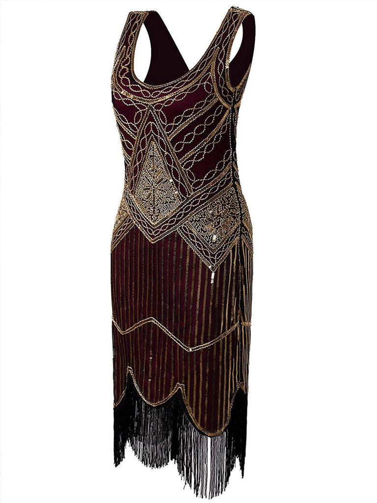 [Produits en Liquidation] Robe Charleston Vintage Année 20 Imprimer Sequin Franges Agrémentées Bordeaux