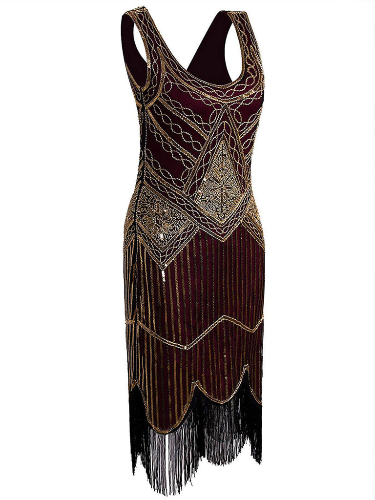 [Produits en Liquidation] Robe Charleston Vintage Année 20 Imprimer Sequin Franges Agrémentées Bordeaux