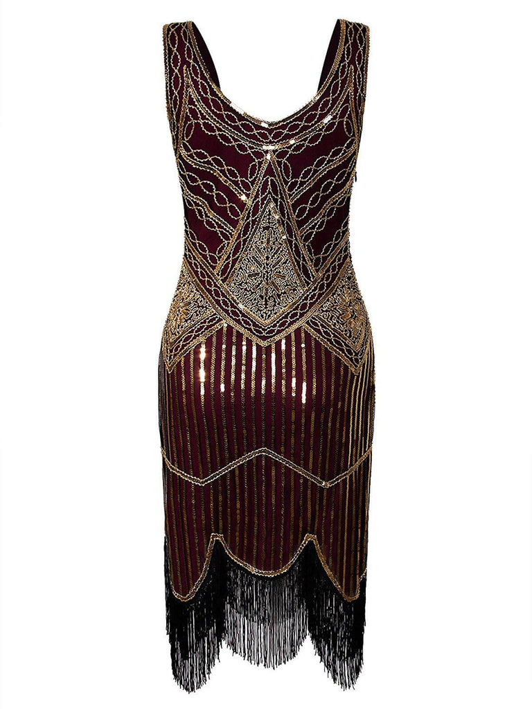 [Produits en Liquidation] Robe Charleston Vintage Année 20 Imprimer Sequin Franges Agrémentées Bordeaux
