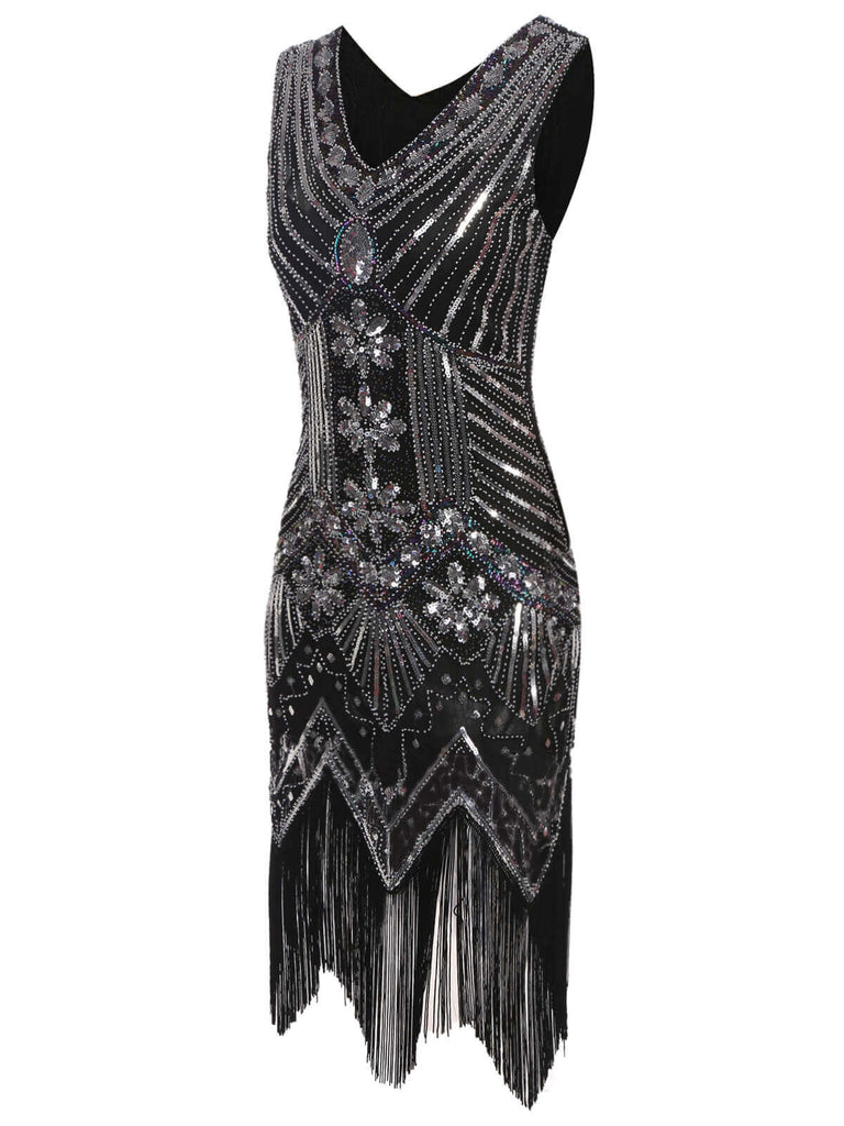 Robe des années 1920 pour femme avec accessoires des années 20 - Robe Charleston parfaite - Costume de carnaval - Robe à franges - Col en V - Paillettes - Perles Robe des années 1920 pour femme avec accessoires des années 20 - Robe Charleston parfaite - Costume de carnaval - Robe à franges - Col en V - Paillettes - Perles