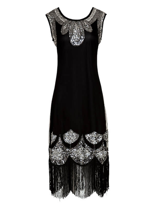 Robe Charleston Vintage Années 20 Gatsby à Frange Paillettes Noire Soirée