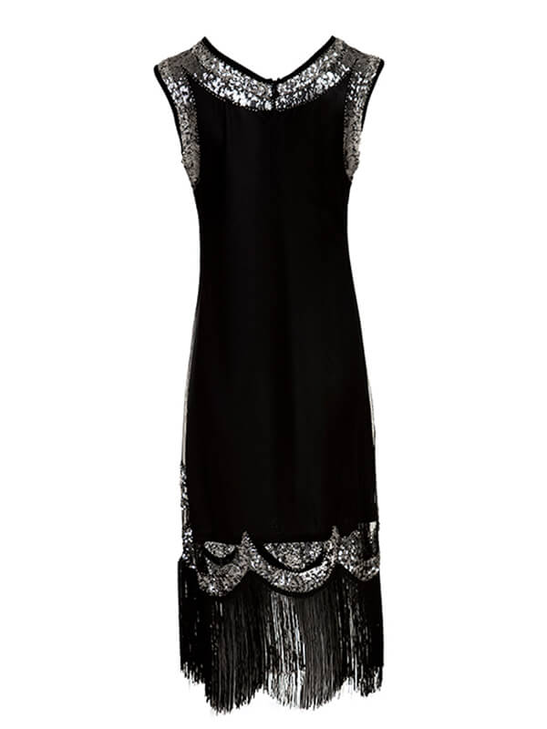 Robe Charleston Vintage Années 20 Gatsby à Frange Paillettes Noire Soirée