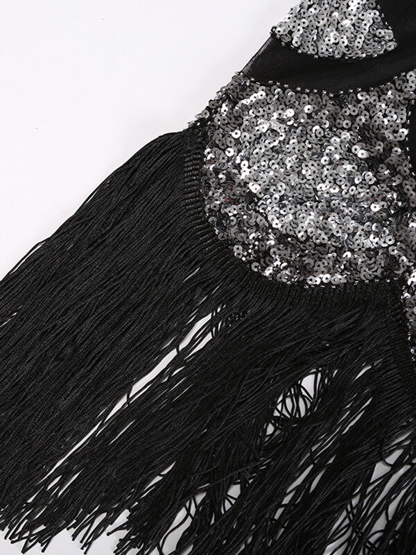 Robe Charleston Vintage Années 20 Gatsby à Frange Paillettes Noire Soirée