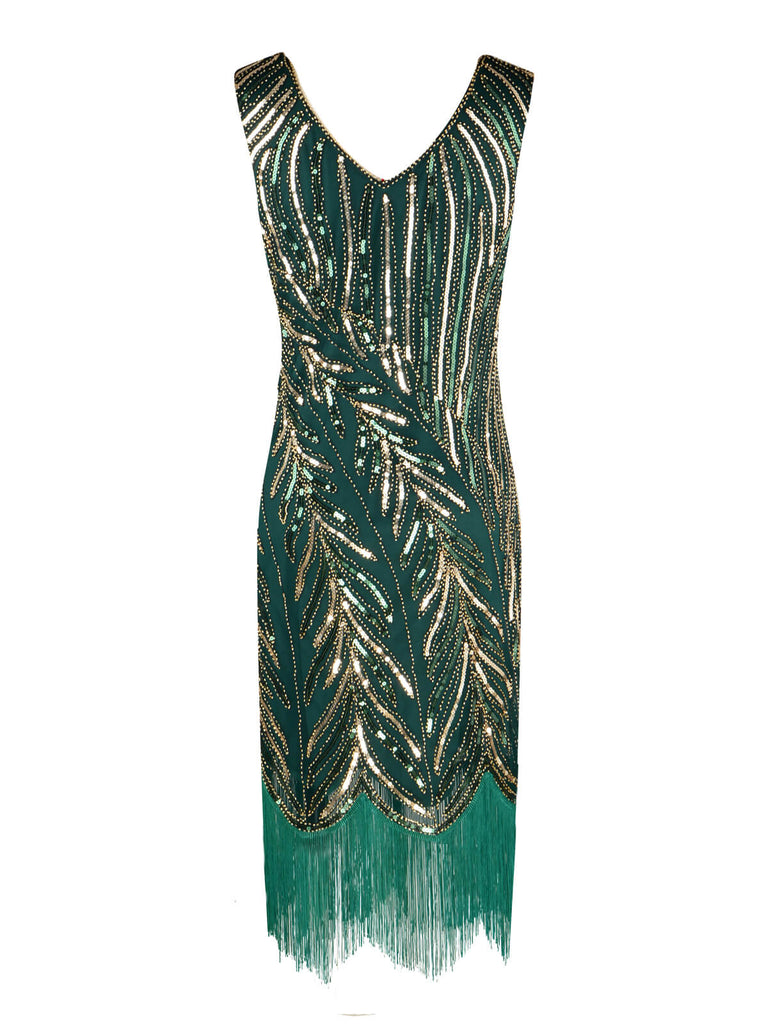 Robe Charleston Vintag Année 20 à Frange Gatsby À Paillettes Verte Chic