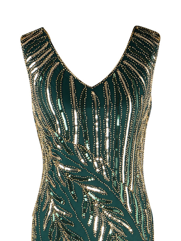 Robe Charleston Vintag Année 20 à Frange Gatsby À Paillettes Verte Chic