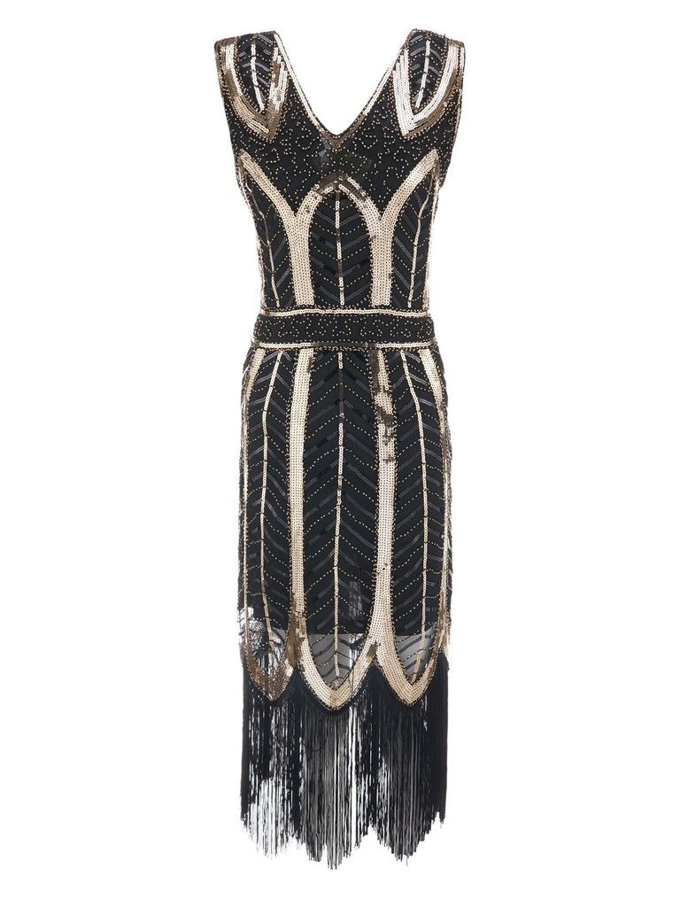 [Produits en Liquidation] Robe Charleston Vintage Années 20 à Frange Gatsby à Paillettes Col en V Noir