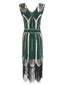 Robe Charleston Vintage Verte Année 20 à Frange Gatsby à Paillettes Col en V