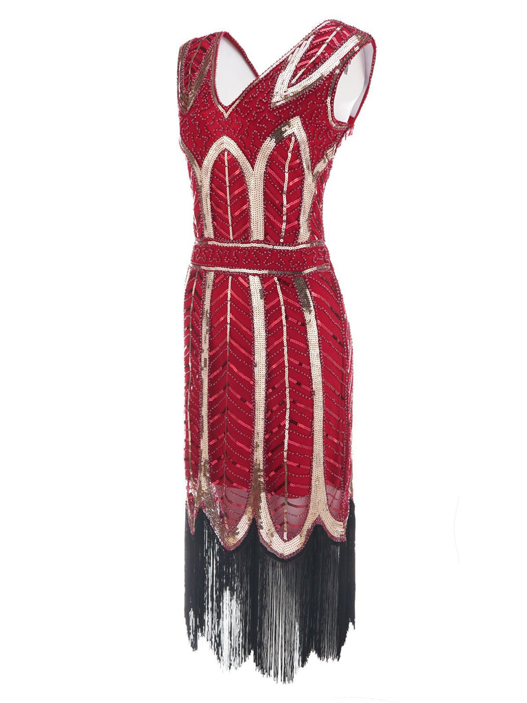 [Produits en Liquidation] Robe Charleston Vintage Années 20 à Frange Gatsby à Paillettes Col en V Noir