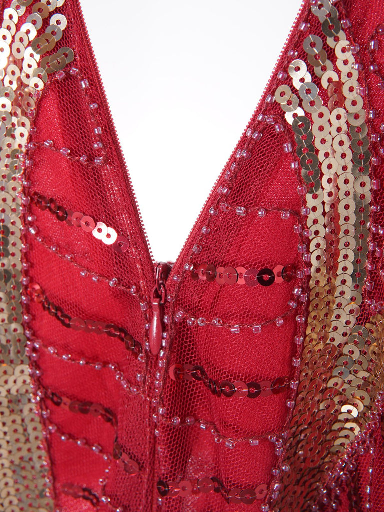 Robe Charleston Vintage Année 20 à Frange Gatsby à Paillettes Col en V Rouge