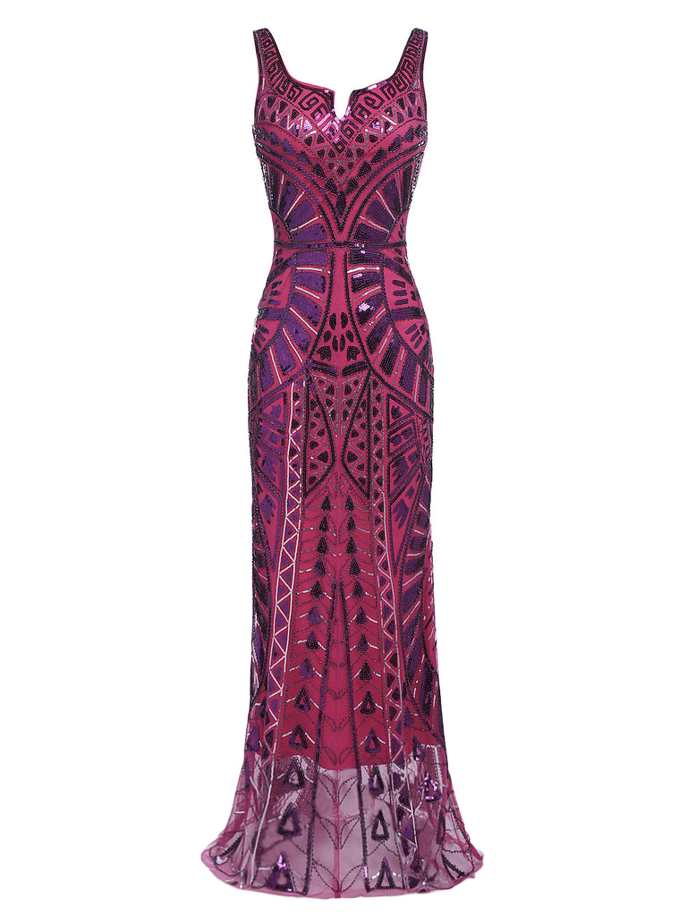 Robe Charleston Rouge Vintage Années 20 à Paillettes Sans Manches Col en V