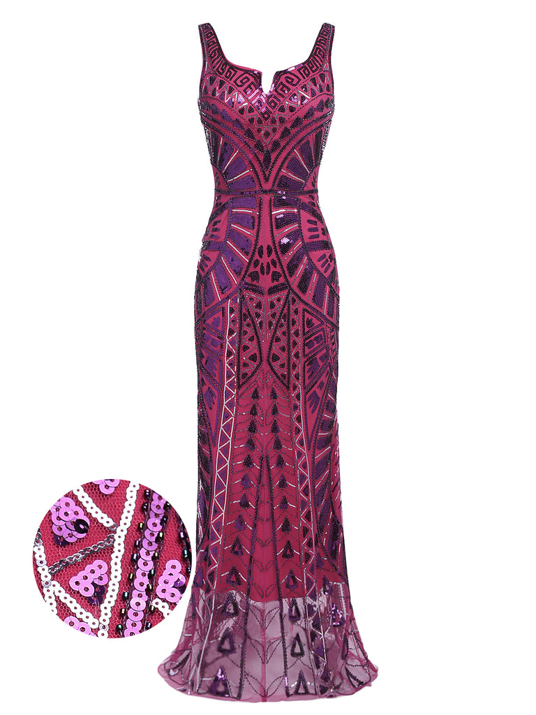 Robe Charleston Rouge Vintage Années 20 à Paillettes Sans Manches Col en V