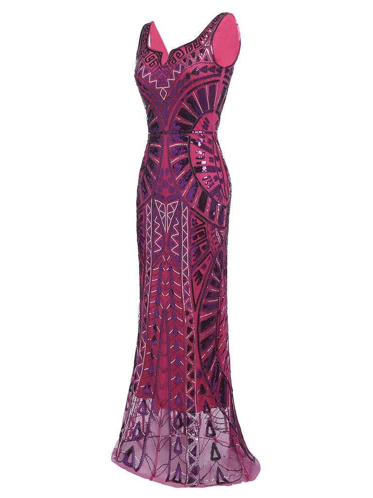 Robe Charleston Rouge Vintage Années 20 à Paillettes Sans Manches Col en V
