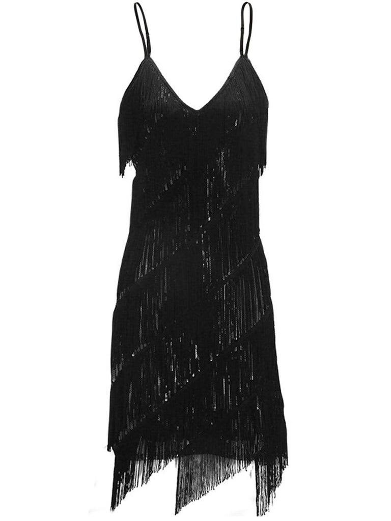 Robe Charleston Vintage Années 20 Gatsby Flapper À Glands Sequins Noir Chic