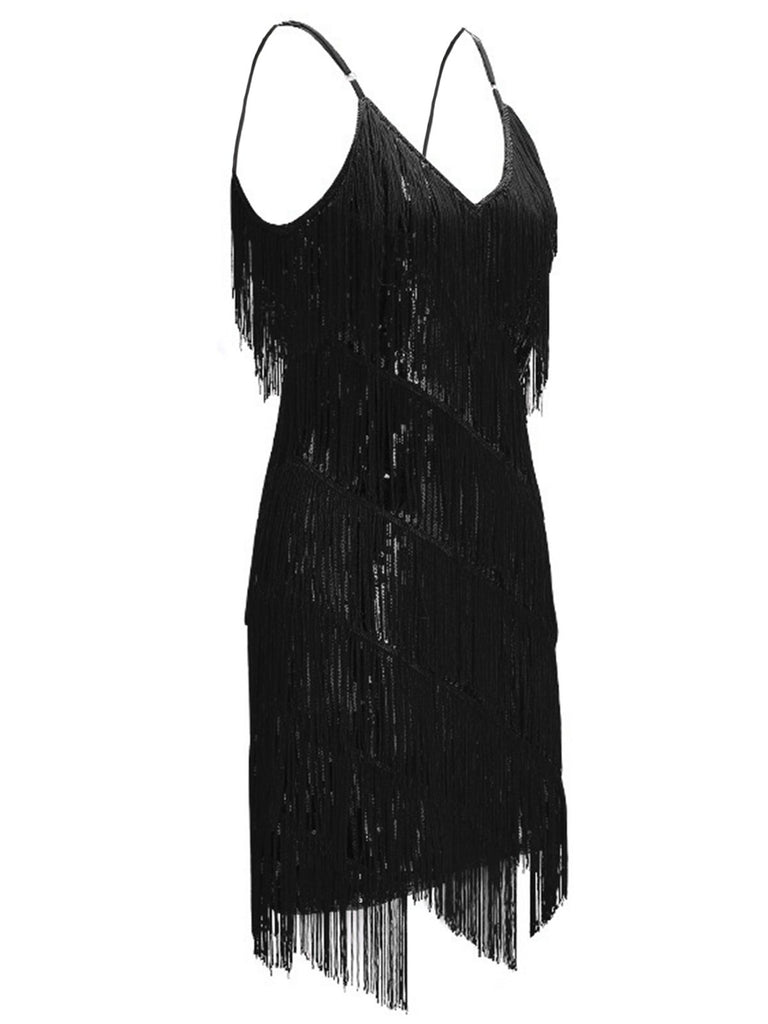 Robe Charleston Vintage Années 20 Gatsby Flapper À Glands Sequins Noir Chic
