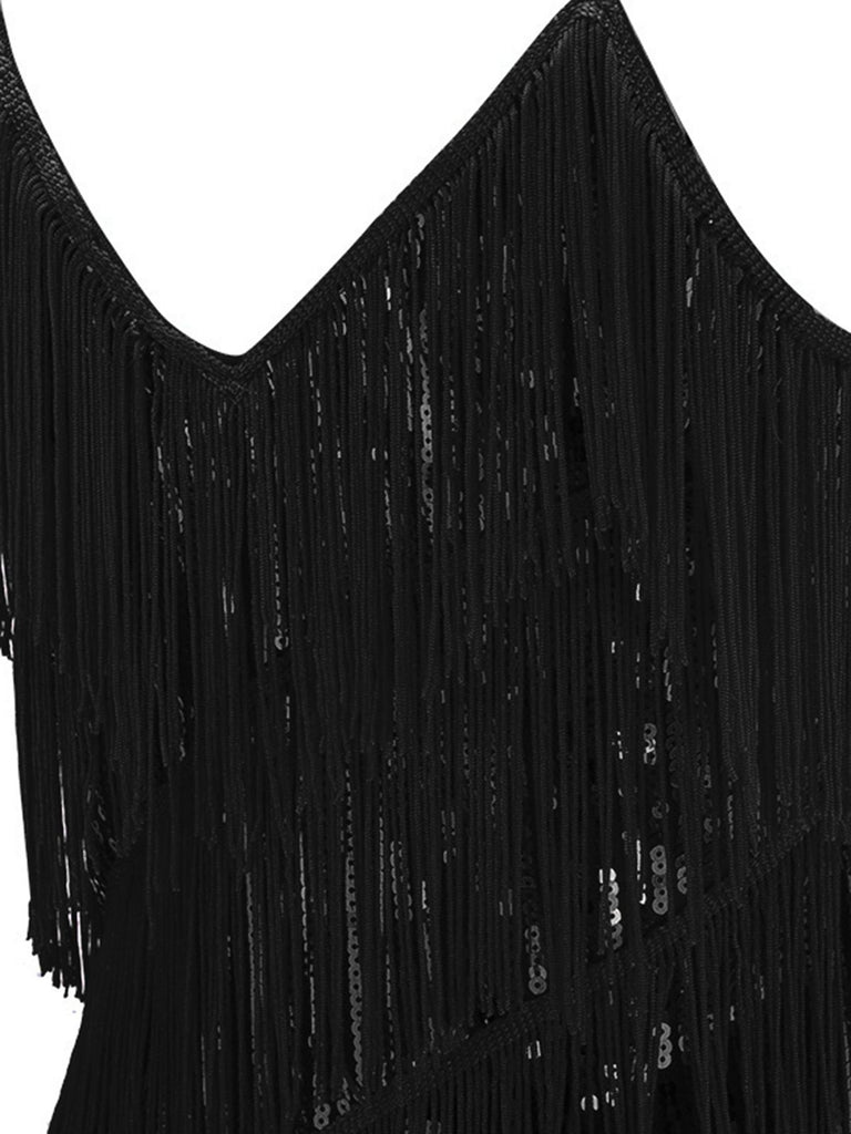 Robe Charleston Vintage Années 20 Gatsby Flapper À Glands Sequins Noir Chic