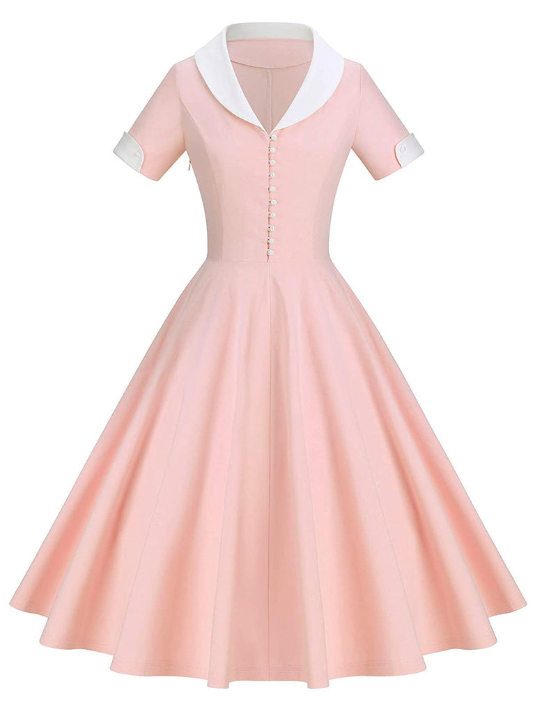 Robe Années 50 À Boutons Rides Rose Manches Courtes