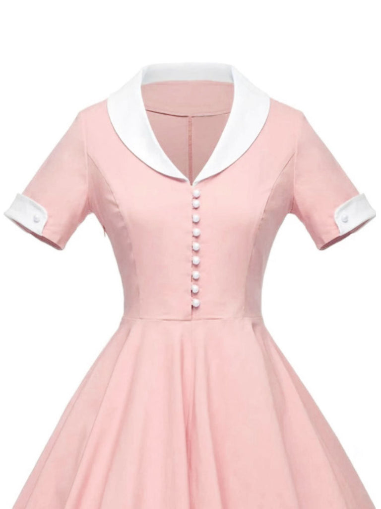Robe Années 50 À Boutons Rides Rose Manches Courtes