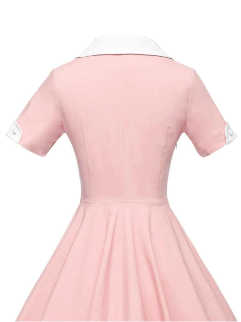 Robe Années 50 À Boutons Rides Rose Manches Courtes