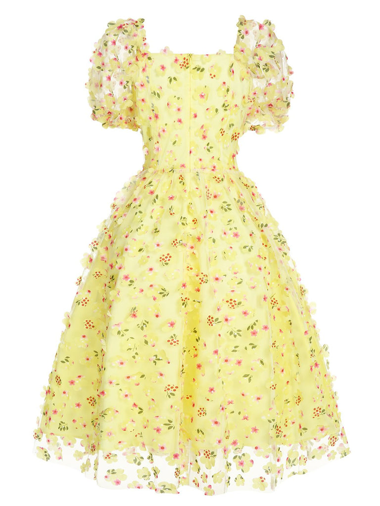 Robe trapèze jaune à fleurs 3D et manches bouffantes