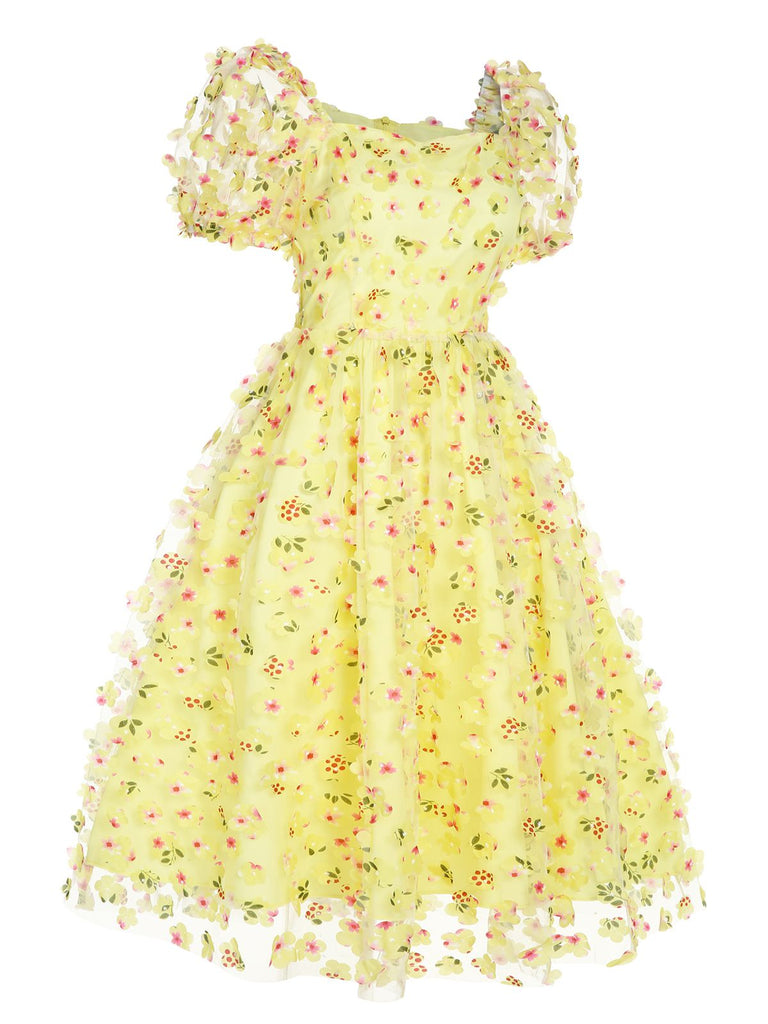 Robe trapèze jaune à fleurs 3D et manches bouffantes