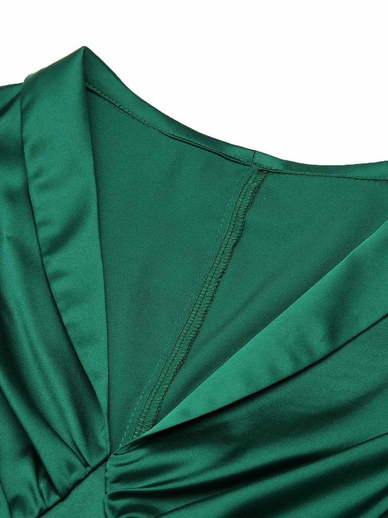 Robe en satin à col en V et ceinture à lacets vert foncé 1940s