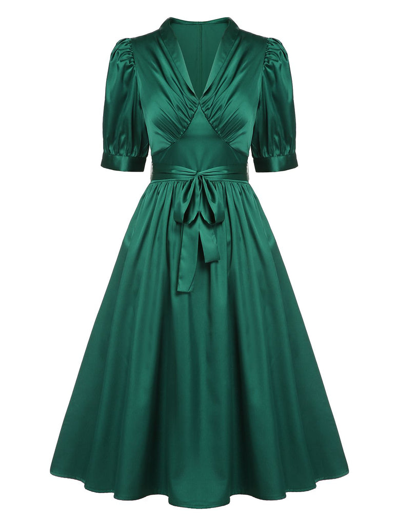 Robe en satin à col en V et ceinture à lacets vert foncé 1940s