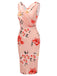 Robe crayon fleurie portefeuille rose années 50 à col en V