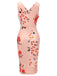 Robe crayon fleurie portefeuille rose années 50 à col en V