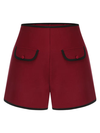 Short solide rouge à taille élastique des années 1950