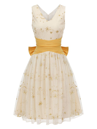 Robe trapèze jaune années 1950 en patchwork de mailles