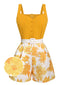 Combishort fleuri à bretelles spaghetti jaune années 1950