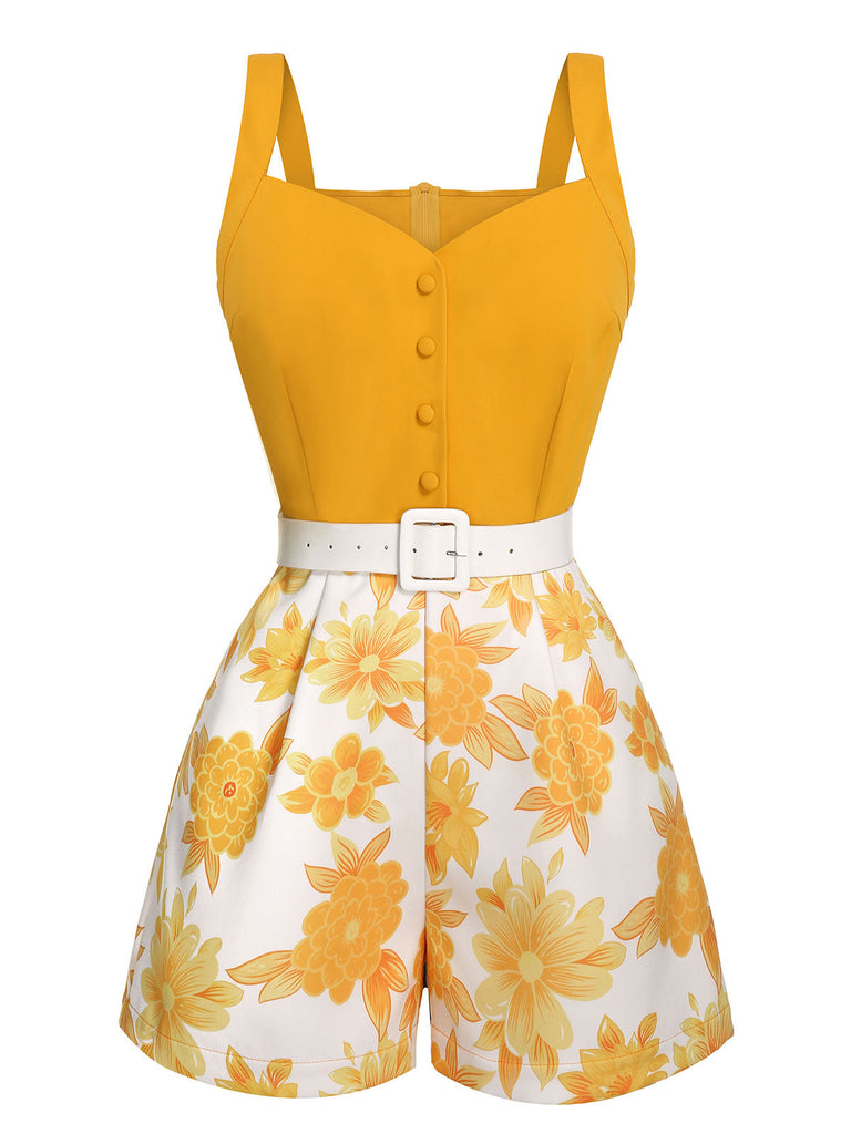 Combishort fleuri à bretelles spaghetti jaune années 1950