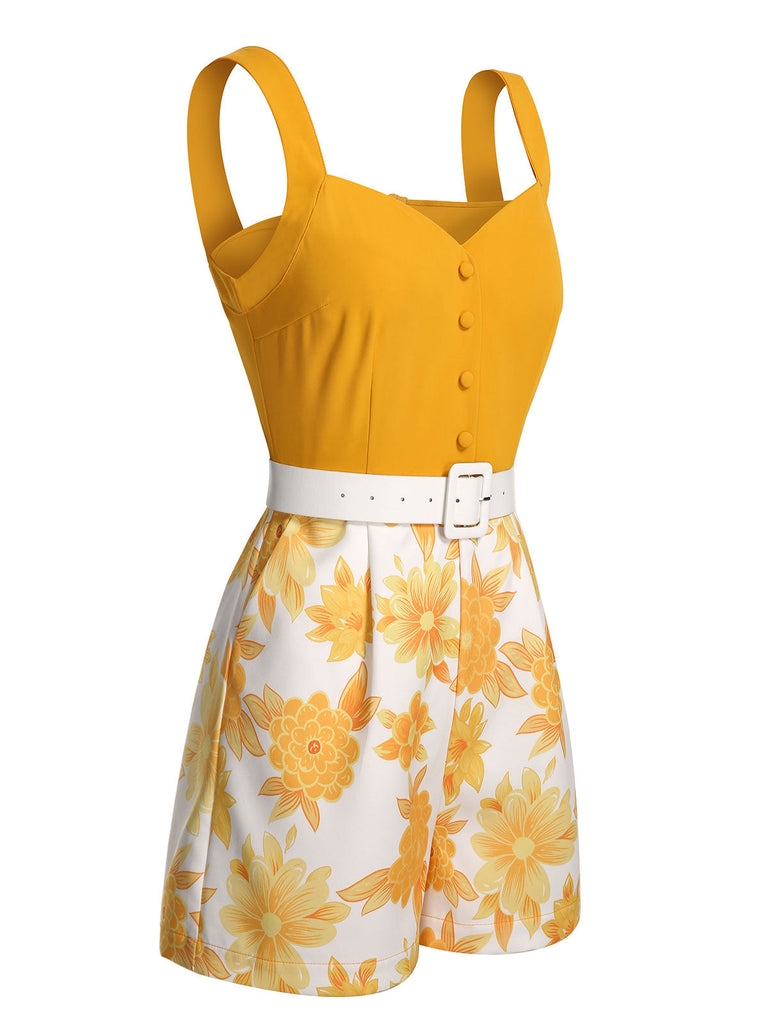 Combishort fleuri à bretelles spaghetti jaune années 1950