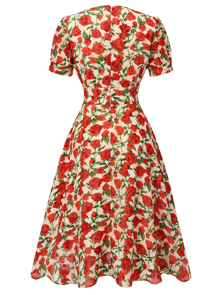 Robe trapèze rose à col en V des années 1940 rouge