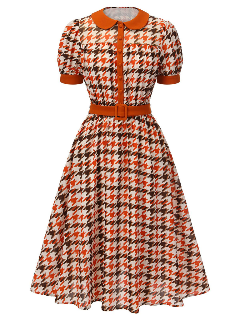 Robe à col claudine pied-de-poule orange des années 1940