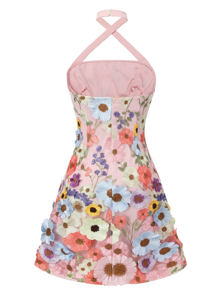 Mini robe rose pâle à fleurs 3D des années 1960