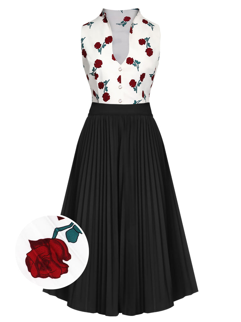 2PCS Haut de roses blanches des années 1950 et jupe noire