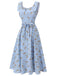 Robe bleue à lacets à carreaux roses des années 1940