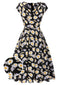 Robe marguerite noire col oscillant à mancherons années 1940