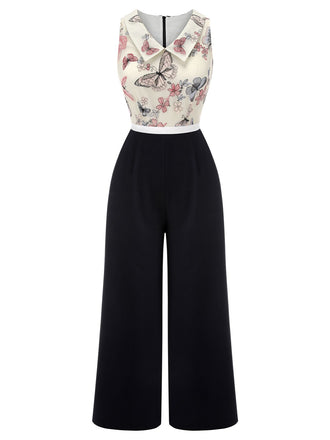 Combinaison noire et blanche à revers papillon fleuri des années 1930