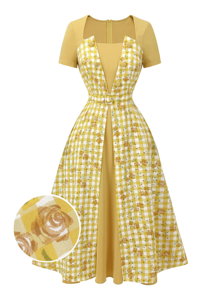 Robe patchwork rose à carreaux jaune des années 1950