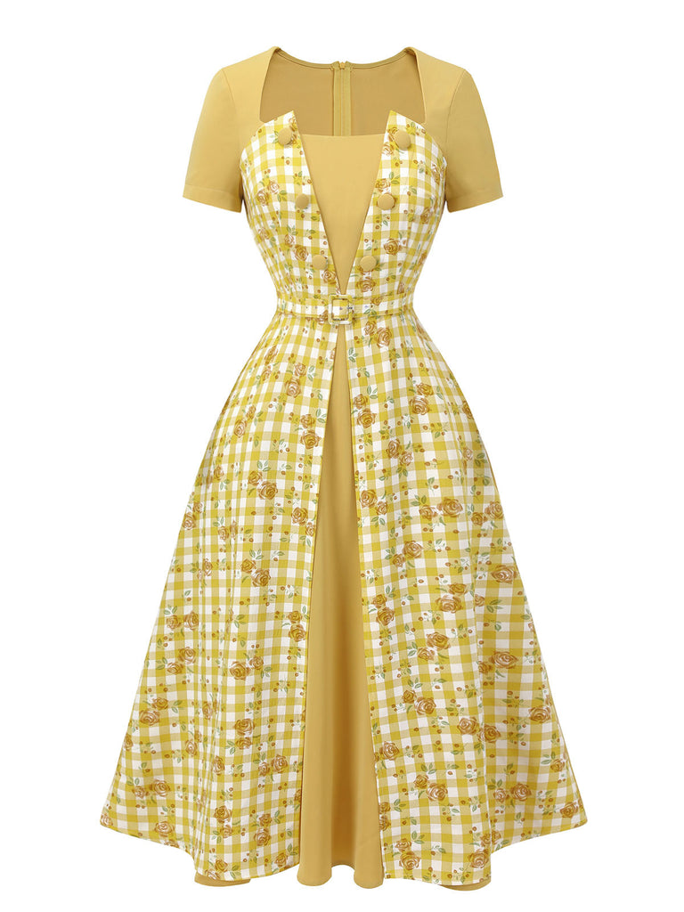 Robe patchwork rose à carreaux jaune des années 1950