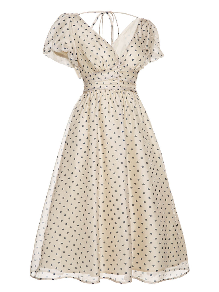 Robe à col en V beige à pois des années 1950