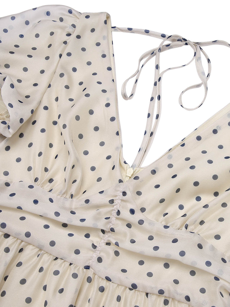 Robe à col en V beige à pois des années 1950