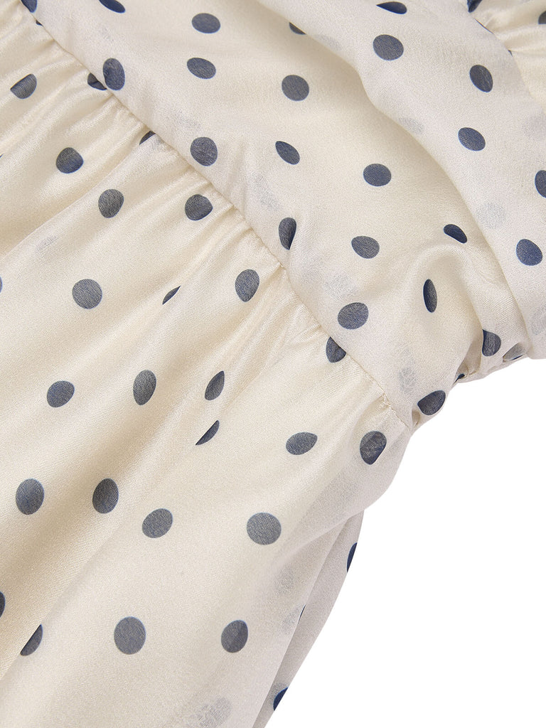 Robe à col en V beige à pois des années 1950